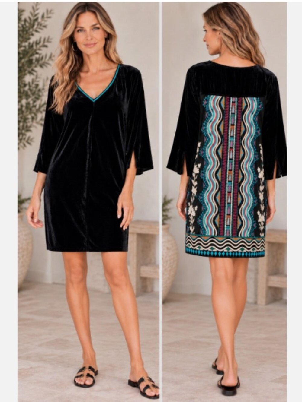 Johnny Was Black Velvet Tunic with Teal Trim Size L